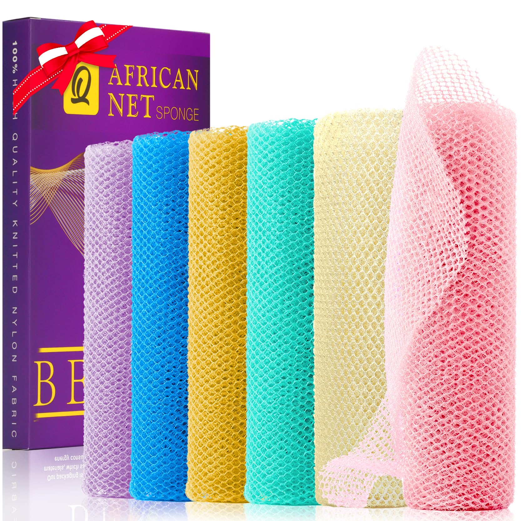 UJFQBH 3 Pieces African Bath Sponge African Net Long Net Bath Sponge Exfoliating Shower Body Scrubber Back Scrubber Skin Smoother,Great for Daily Use (Pink,Yellow,Purple)